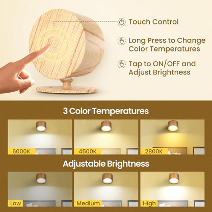 LED Wall Mounted Lamps, 3CCT Battery Operated Wall Lights, Wood-2 Pack | Rechargeable & Dimmable Wall Lights, Cordless Wall Sconces for Picture Bedside Bedroom Reading