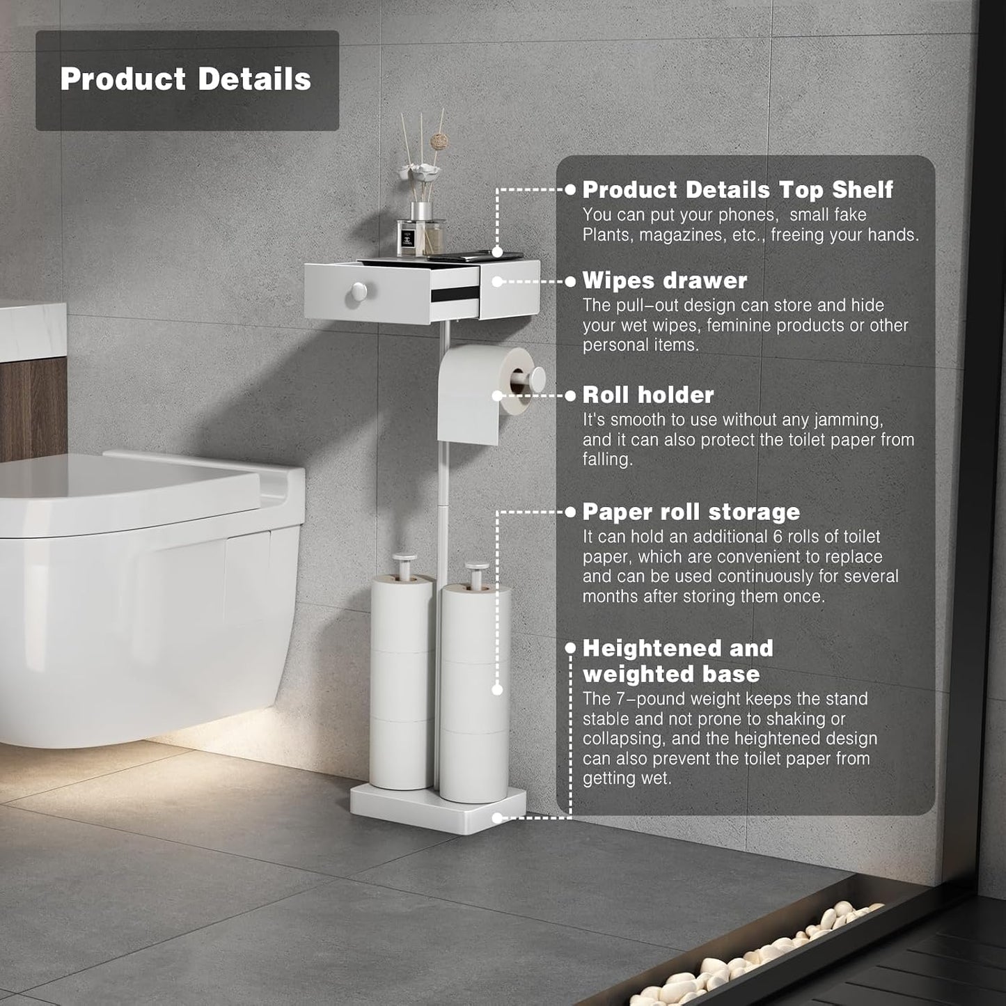 VOLDRA Toilet Paper Holder with Shelf Black Wipes Dispenser for Bathroom Toilet Paper Holder with Storage Upgrade Drawer Design Toilet Tissue Holder Adhesive Small Bathroom Shelf Wall Mount