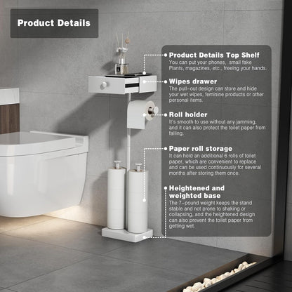 VOLDRA Toilet Paper Holder with Shelf Black Wipes Dispenser for Bathroom Toilet Paper Holder with Storage Upgrade Drawer Design Toilet Tissue Holder Adhesive Small Bathroom Shelf Wall Mount