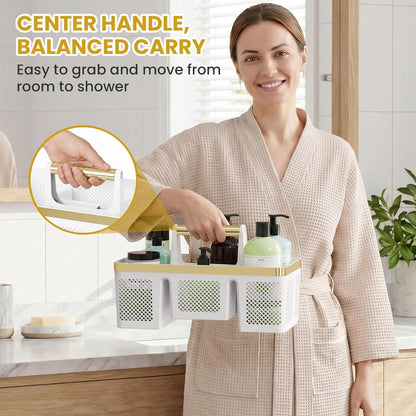 BYUNER Portable Cleaning & Shower Caddy with Handle: Rigid Plastic Basket with 4 Divided Compartments, All-Side Drainage for College Dorm, Bathroom & Utility Use, Black/Gold