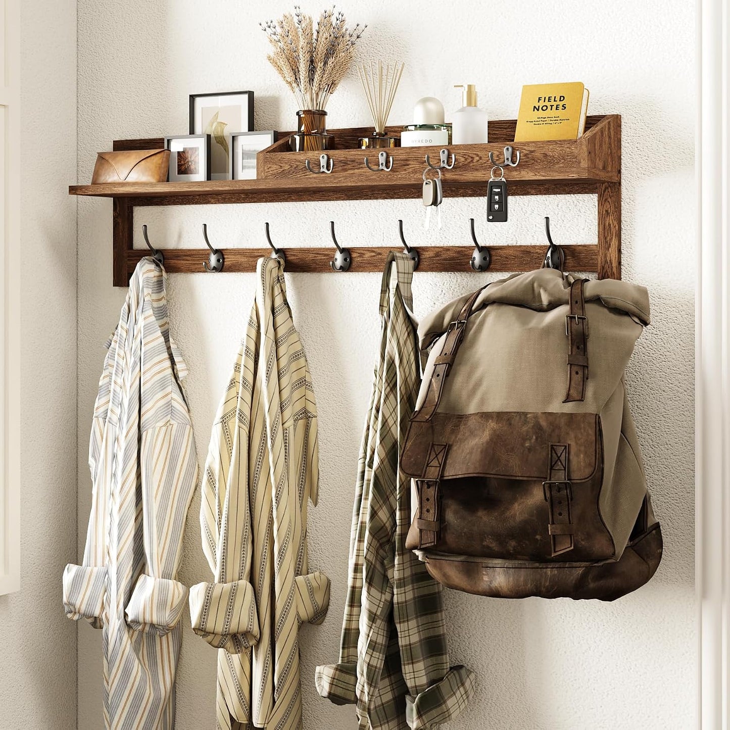 AMBIRD Wall Hooks with Shelf, 26.57 Inch Entryway Wood Coat Hooks for Wall with Shelf, Coat Rack Wall Mount with 5 Dual Hooks 3 Key Hooks Mail Organizer and Key Rack Holder (Brown)
