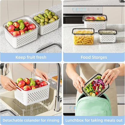 Fruit Storage Container for Fridge with Removable Colander, 6 Pack | Leakproof Produce Containers for Fridge, Airtight Food Storage Container, Keep Fruit, Veggies, Berry, Salad Fresh Longer