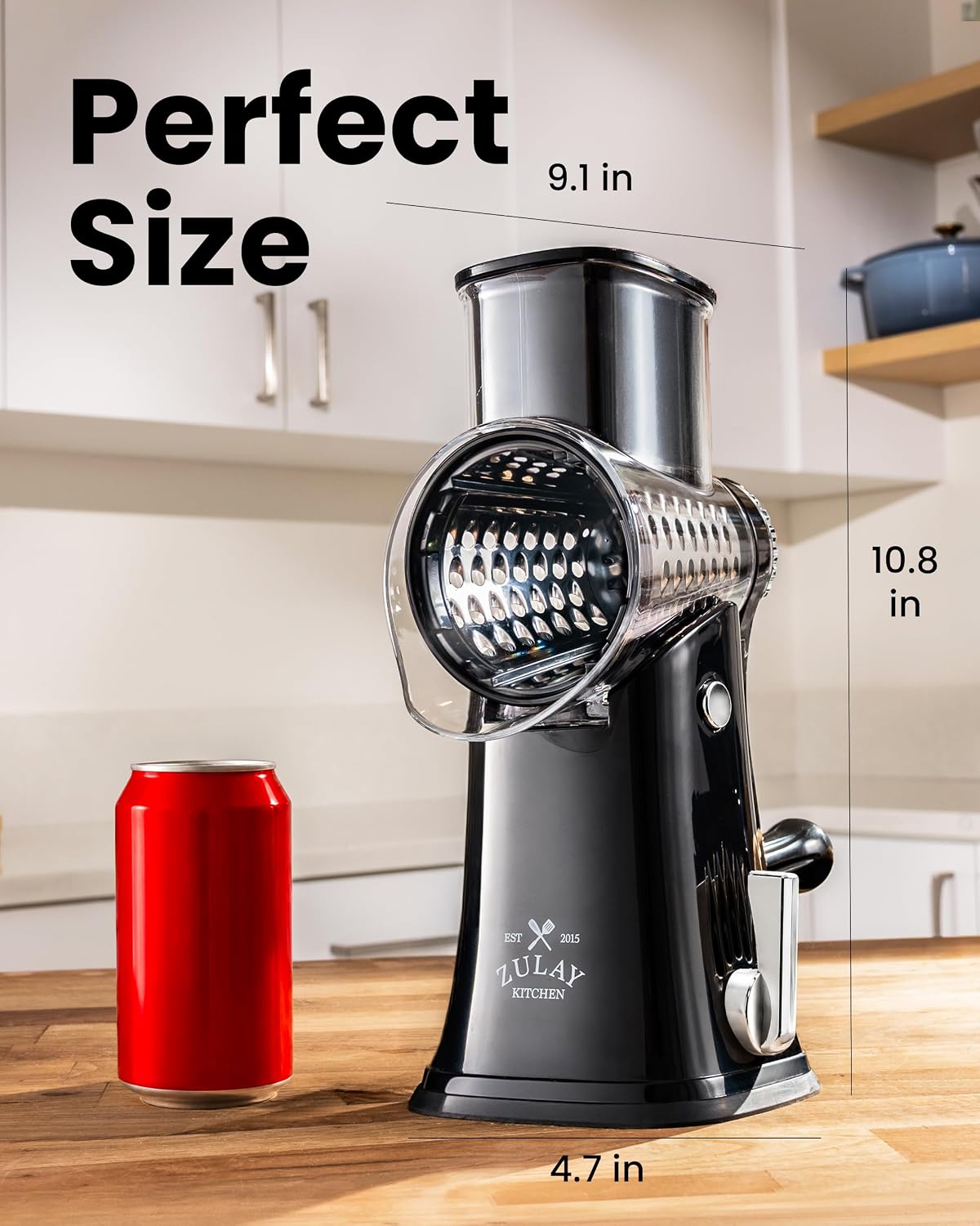 Zulay Kitchen Rotary Cheese Grater 5 Blade Cheese Shredder - Manual Hand Crank Cheese Grater With Reinforced Suction & 5 Interchangeable Drums - Easy to Use, Vegetable Chopper Round Mandoline Slicer - Colors A