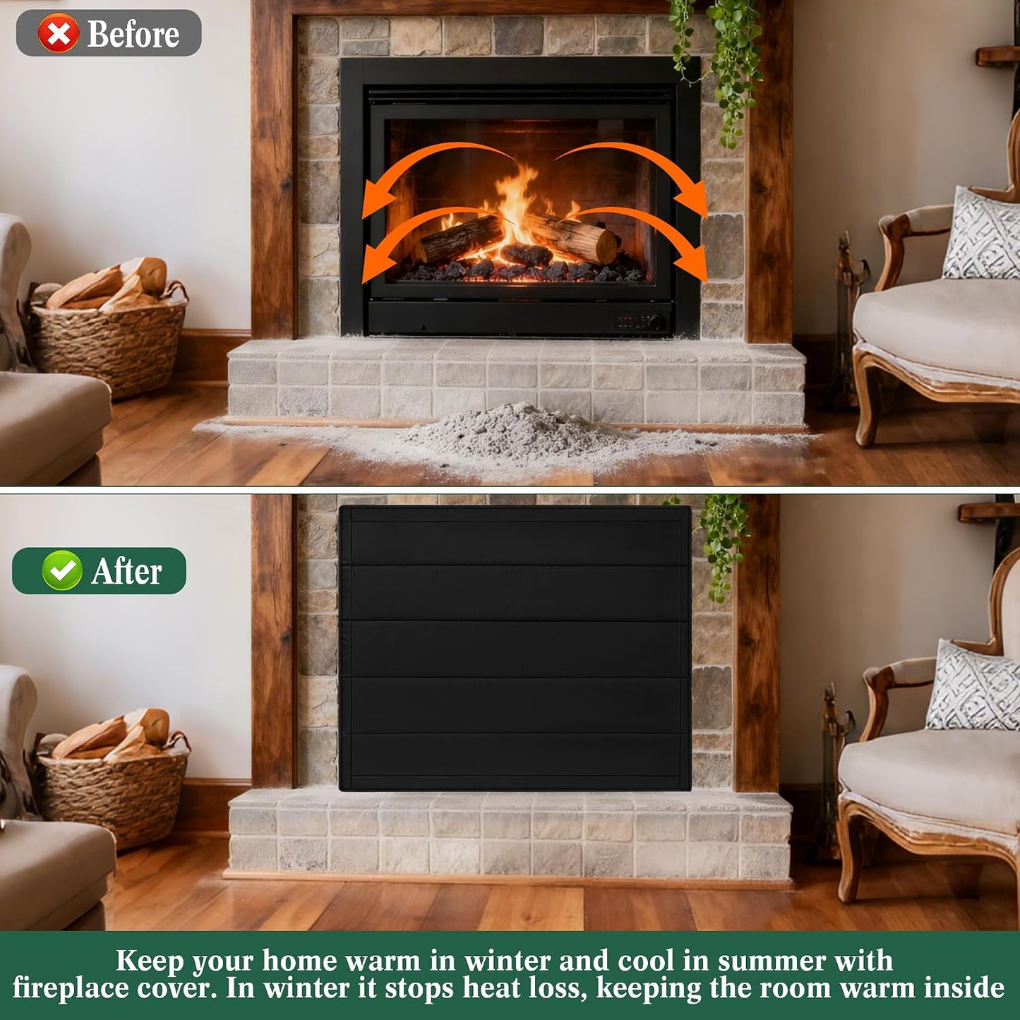 Fireplace Cover, Fireplace Blanket for Heat Loss, Fireplace Draft Cover Indoor, Fireplace Draft Stopper with Full Frame Magic Tape, Fireplace Draft Blocker Save Energy (39"x32")