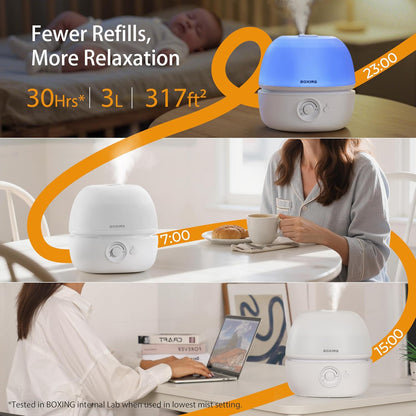 BOXING 3L Top Fill Humidifiers for Bedroom, 20dB Quiet Air Humidifier for Large Room & Indoor Plants with Optional Night Light, Cool Mist Diffuser for Home, Essential Oil Tray, BPA-Free,White,30H