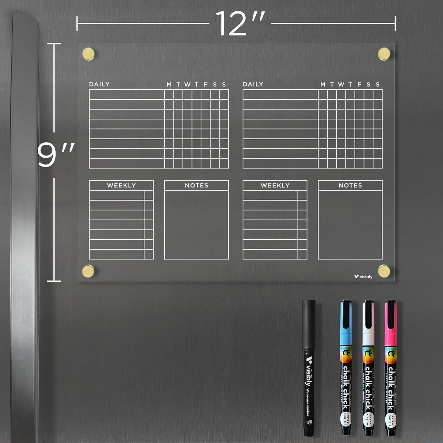 Magnetic Acrylic Chore Chart for Fridge, Weekly Planner & Task Board with Notes, 12” x 9” Clear Refrigerator Organizer, Includes 4 Magnetic Wet-Erase Markers, Black Magnets