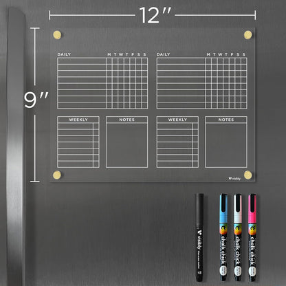 Magnetic Acrylic Chore Chart for Fridge, Weekly Planner & Task Board with Notes, 12” x 9” Clear Refrigerator Organizer, Includes 4 Magnetic Wet-Erase Markers, Black Magnets
