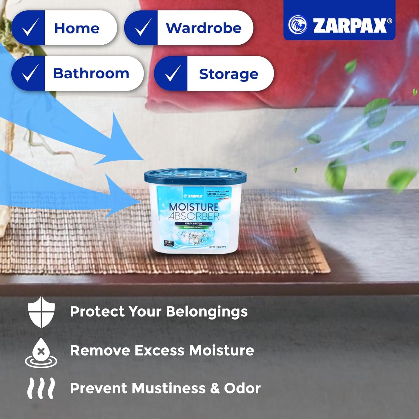 ZARPAX Moisture Absorber Activated Charcoal 10.5 oz/300g | Removes Moisture, Damp, Humidity & Odors | Odor Absorber | Moisture Trap for Bathroom, Closet, Kitchen & Small Spaces | Set of 4