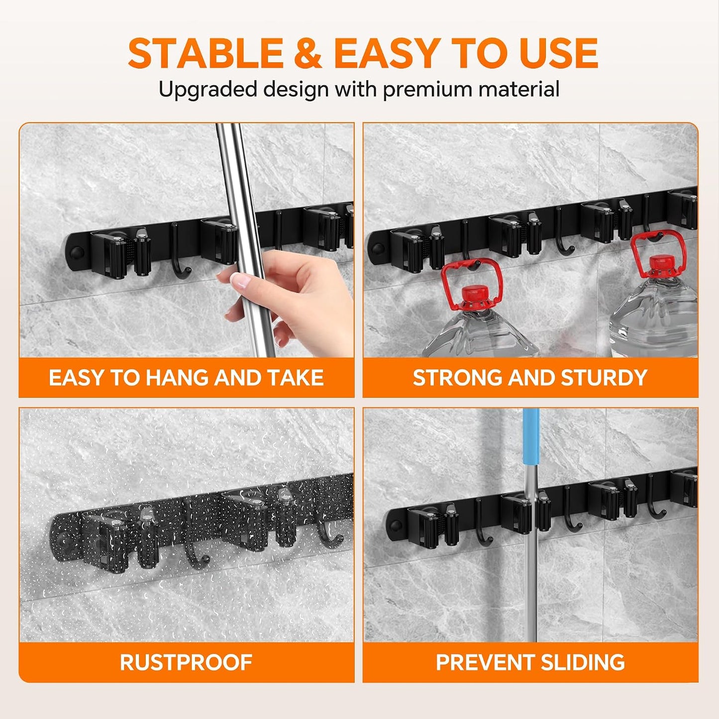 4 Pack Stainless Steel Mop and Broom Holder Wall Mount with Hook, Silver | Screw Drilling or Self Adhesive Storage Rack for Closet Laundry Garage Garden Tool Organizer