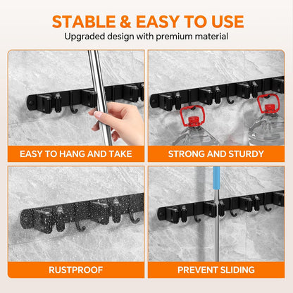 4 Pack Stainless Steel Mop and Broom Holder Wall Mount with Hook, Silver | Screw Drilling or Self Adhesive Storage Rack for Closet Laundry Garage Garden Tool Organizer