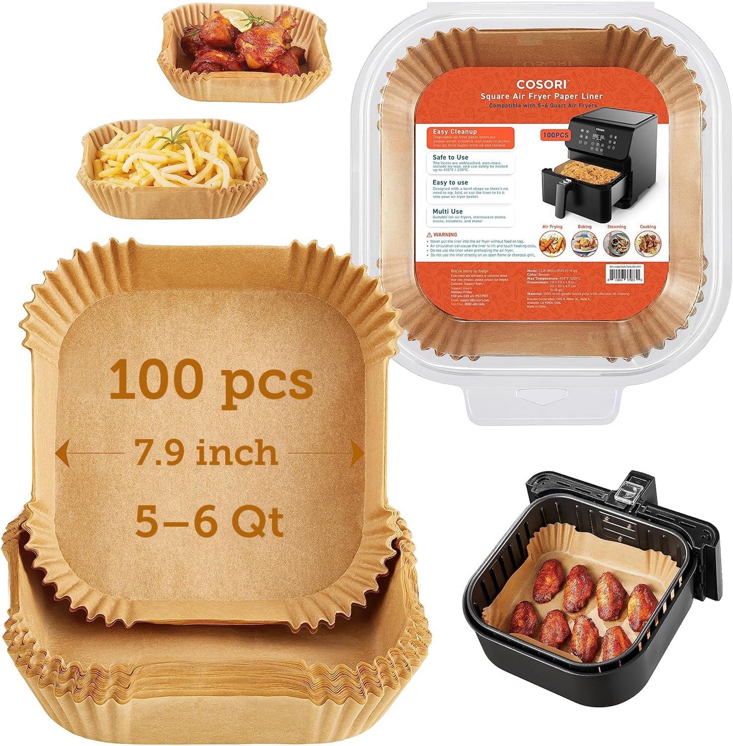 Cosori Air Fryer Liners, 100 PCS, 6.5", Square, Fits 3-5Qt Air Fryers | 465°F Resistant, Wax-Free, Bleach-Free, Non-Toxic, Non-Stick Silicone Oil Coating, Food-Grade, Microwave & Oven Compatible