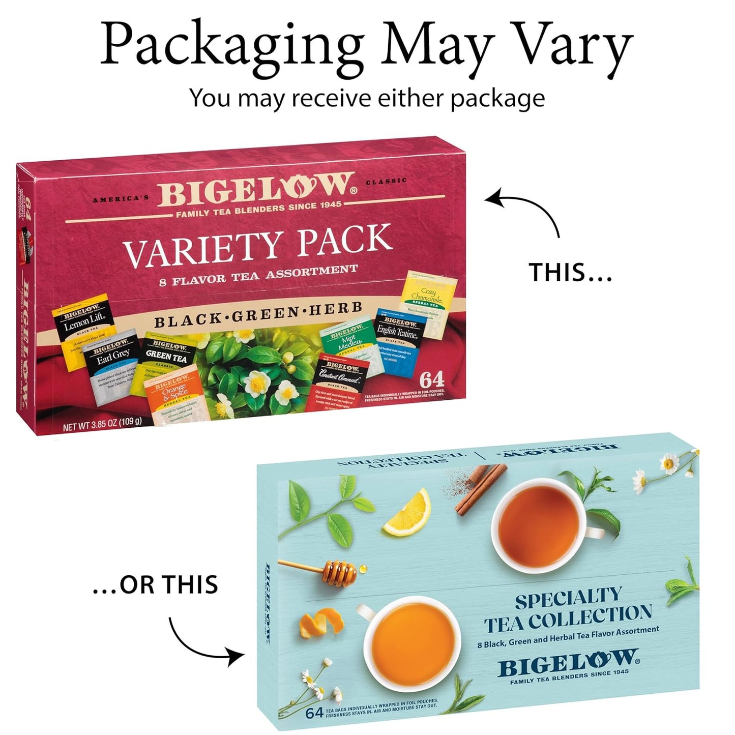 Bigelow Tea Caffeine Free 6 Flavor Herbal Tea Variety Pack, Decaf Tea with Mint Medley, Cozy Chamomile, Orange and Spice, Sweet Dreams, Perfect Peach, and Lemon Ginger, (Pack of 6), 118 Total Tea Bags