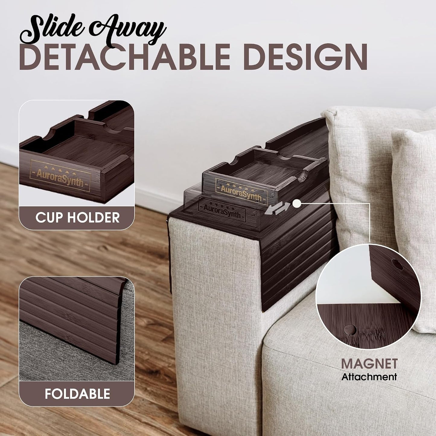 Bamboo Couch Cup Holder, 2 Cork Coasters, Anti-Slip Foldable Couch Arm Tray | 2 in 1 Foldable Sofa Arm Tray, Couch Armrest Table, Anti-Spill Couch Arm Table for Drinks TV Remote Cellphone Snacks