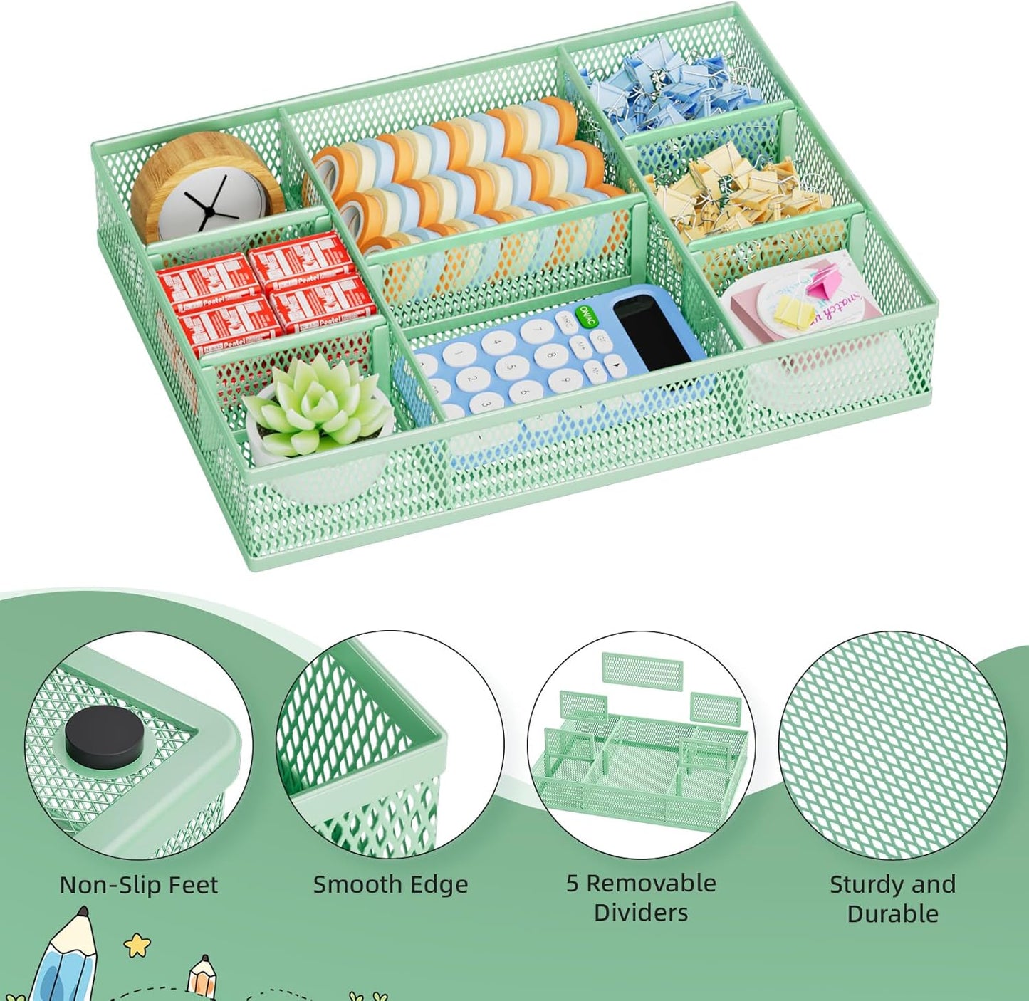 Marbrasse 2 Pack Desk Drawer Organizer, Mesh Drawer Organizer Tray with 8 Adjustable Compartments, Desk Organizers and Accessories, 5 Dividers Drawer for Office Supplies, Makeup & Vanity (Black)