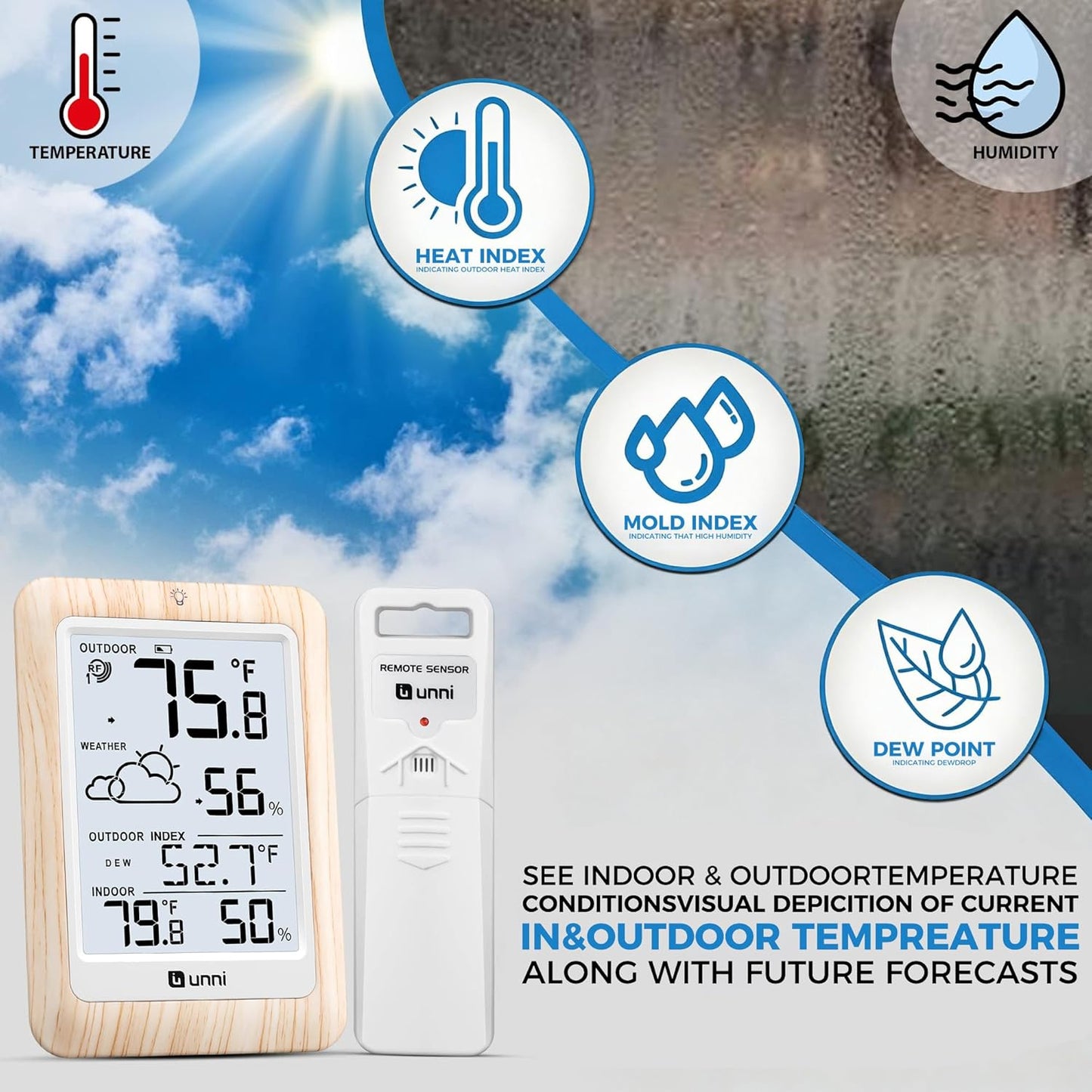 Indoor Outdoor Thermometer Hygrometer Wireless Weather Station, Temperature Humidity Monitor Battery Powered Inside Outside Thermometers with 330ft Range Remote Sensor and Backlight Display