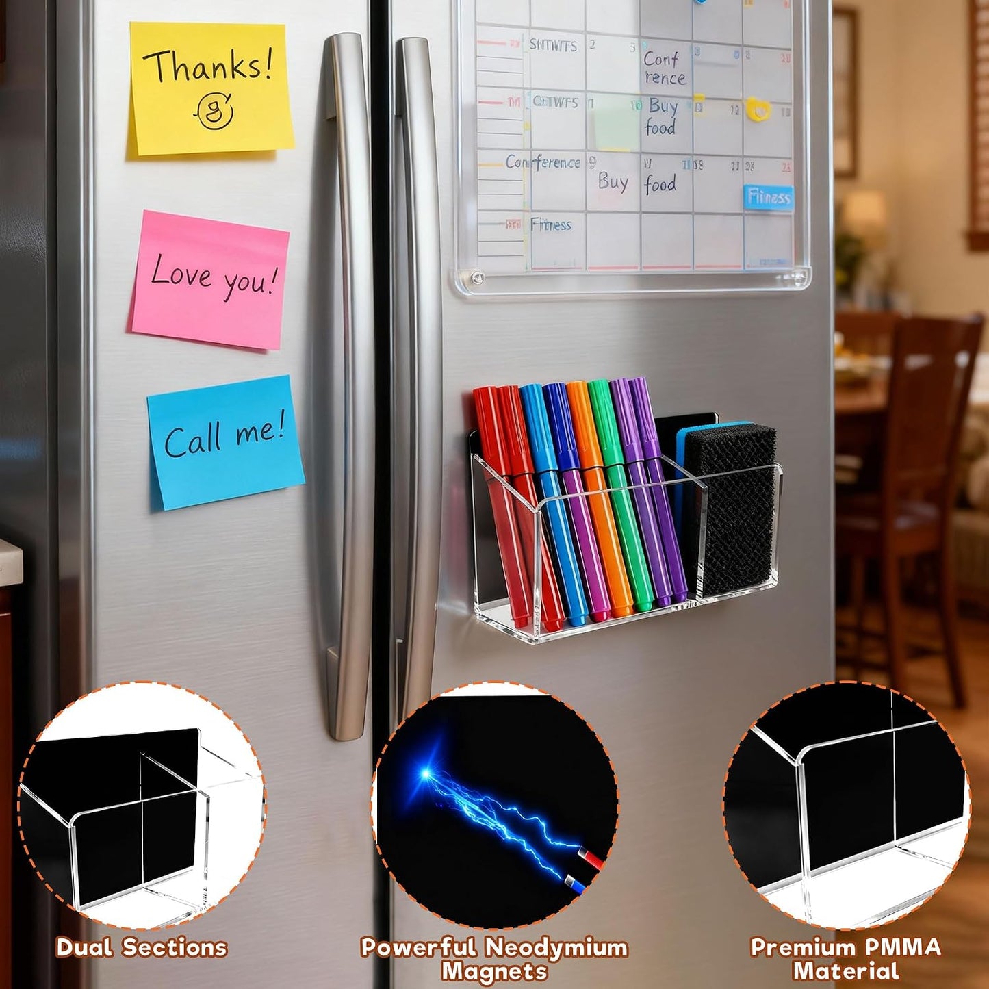Magnetic Dry Erase Marker Holder - Non-Slip Acrylic Pen Organizer with Powerful Magnets for Whiteboard, Refrigerator, Office Desk, Classroom Supplies & Home Organization-Clear