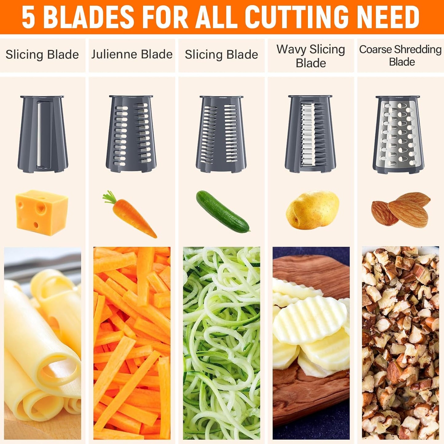 Rotary Cheese Grater Hand Crank with 5 Interchangeable Blades, Vegetable Slicer Chopper for Fruit Vegetable Nuts, Mandoline Slicer for Kitchen with Blades Rack & Suction Base, White