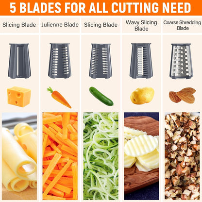 Rotary Cheese Grater Hand Crank with 5 Interchangeable Blades, Vegetable Slicer Chopper for Fruit Vegetable Nuts, Mandoline Slicer for Kitchen with Blades Rack & Suction Base, White