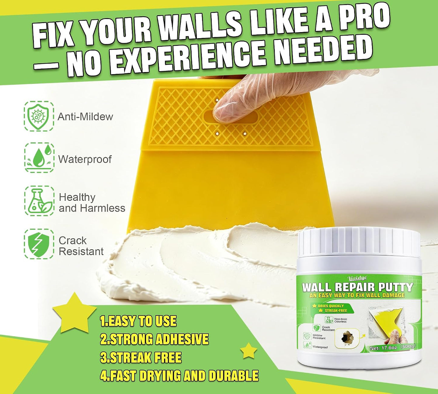 Drywall Repair Kit, Spackle Paste with Patches & Tools for Wall Hole Fix | 10.6oz Wall mending agent for drywall, plaster, wood, stucco. Waterproof, crack-resistant, residue-free ＆ formaldehyde-free