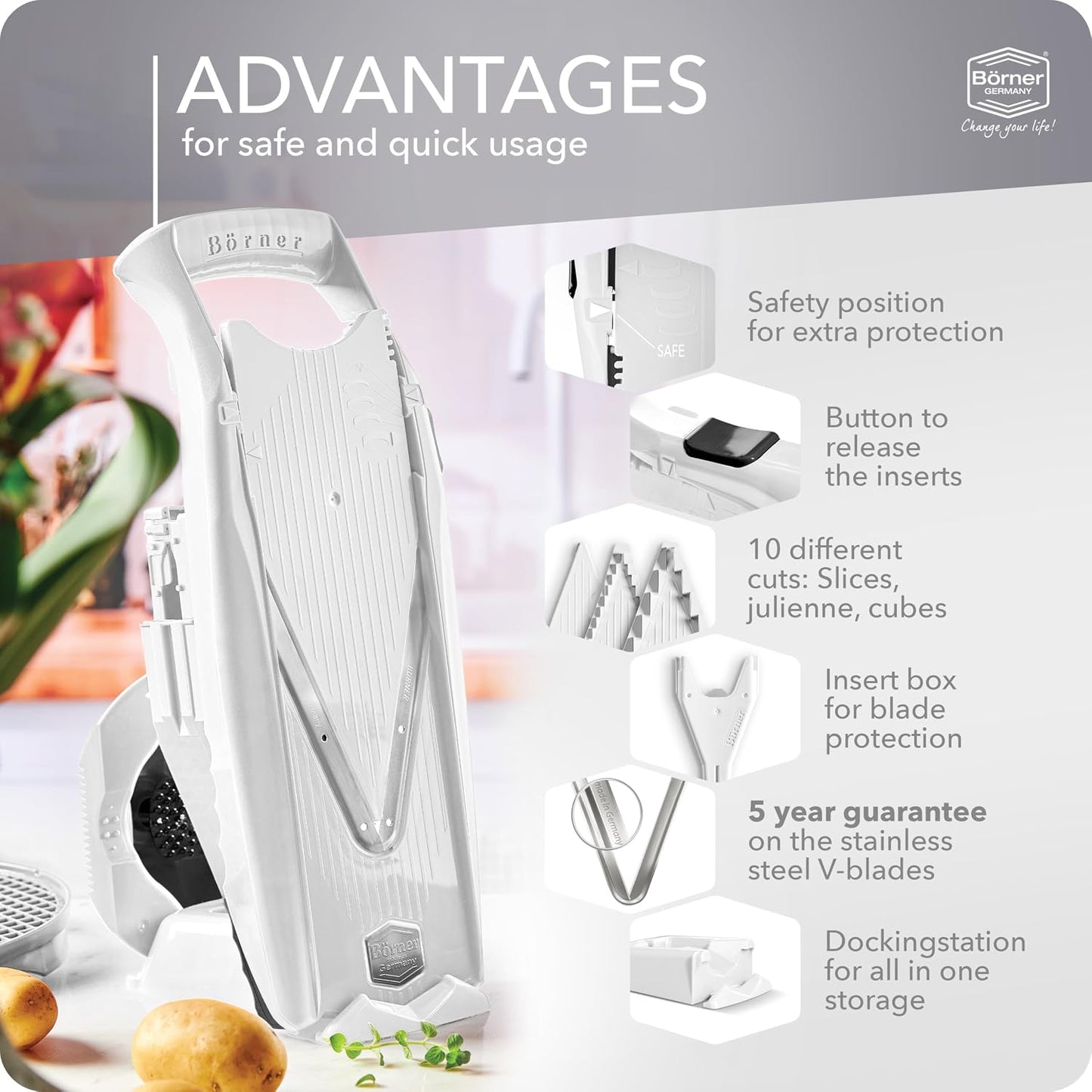 Mandoline Food Slicer Börner V5 (Profi Set) by Reston Lloyd • V-Slicer with 4 Inserts, Docking Station & Food Holder • Made in Germany • Fruit & Vegetable Chopper • Multiple Settings • Color: Lime