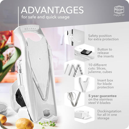 Mandoline Food Slicer Börner V5 (Profi Set) by Reston Lloyd • V-Slicer with 4 Inserts, Docking Station & Food Holder • Made in Germany • Fruit & Vegetable Chopper • Multiple Settings • Color: Lime