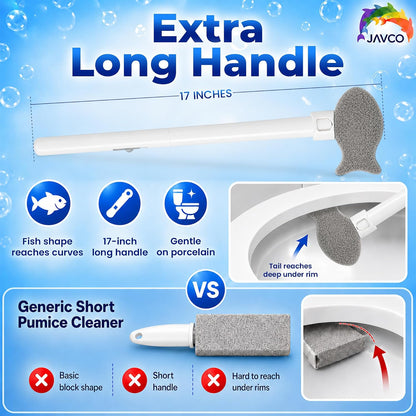 Pumice Stone for Toilet Bowl Cleaning, 8-in-1 Toilet Cleaning Kit with 6 Replaceable Fish Heads, 17" Extra Long Handle, Wall Mount Holder, Removes Hard Water Stains, Mineral Deposits & Rust Rings