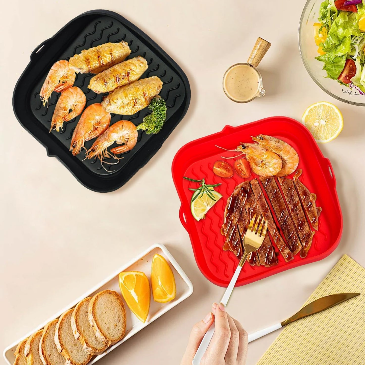 7.7 Inch Silicone Air Fryer Liners Square 2 Pack, Reusable Collapsible Dishwasher Safe Stackable Basket for Air Fryers (One Gray and One Green)