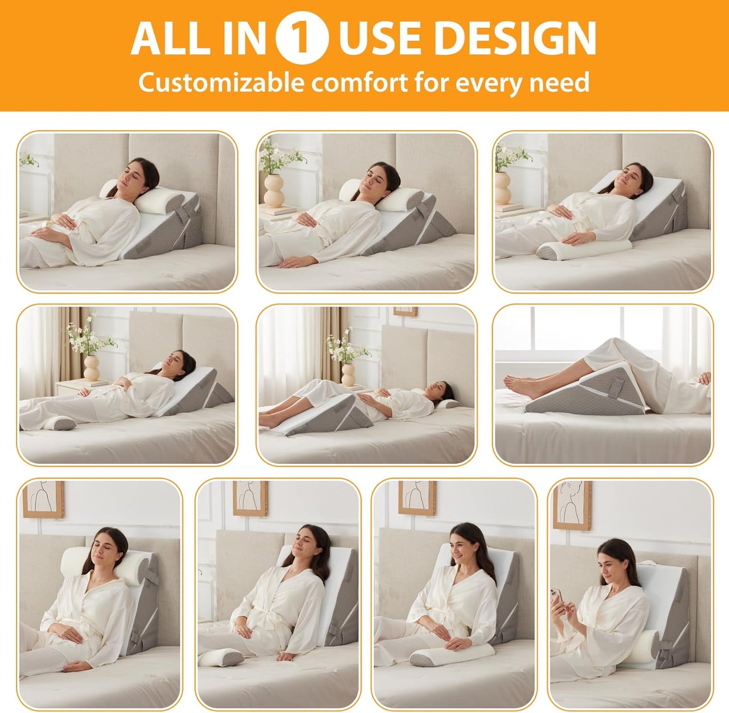 Ruqmuis Wedge Pillow Set for After Surgery, 3PCS Adjustable 9&12 Inch Bed Wedge Pillow for Sleeping, Incline Pillow Wedge for Headboard, Post Surgery, Acid Reflux, Neck&Back Support, White/Grey