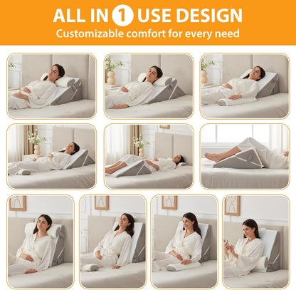 Ruqmuis Wedge Pillow Set for After Surgery, 3PCS Adjustable 9&12 Inch Bed Wedge Pillow for Sleeping, Incline Pillow Wedge for Headboard, Post Surgery, Acid Reflux, Neck&Back Support, White/Grey