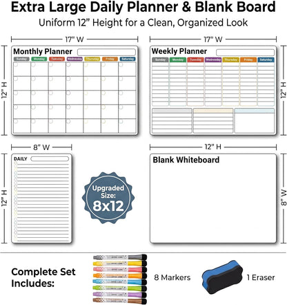 Magnetic Calendar for Refrigerator, Fridge Calendar 3-Pack | Monthly Weekly Daily Dry Erase Calendar Planner Set with Nano-Tech Surface, 17"x12" Magnetic Whiteboard, 8 Markers & Eraser
