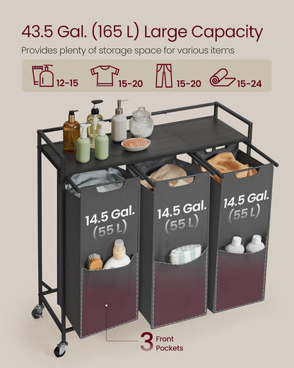 VASAGLE Laundry Sorter, 29 Gal. (110 L) Laundry Hamper Basket with 2 Compartments, Rolling Cart with Wheels, Shelf, Removable Bags, Pockets, Ink Black and Rustic Brown UBLH021B01