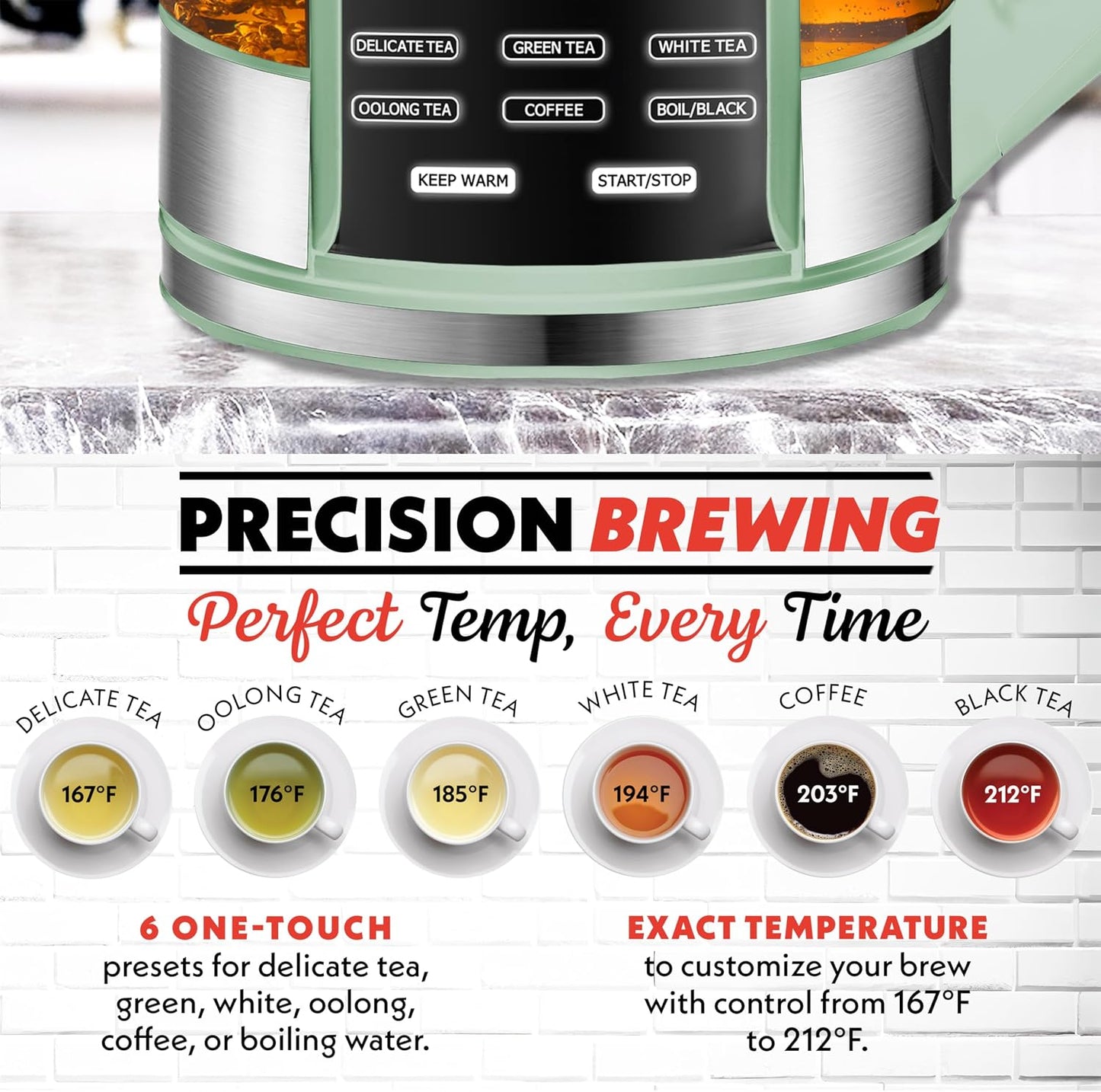 Gourmia Electric Glass Kettle – 1.7L Programmable Tea & Coffee Brewer with Digital Touch Display, 6 Presets, Removable Stainless Steel Infuser, Cordless with 360° Swivel Base, Black