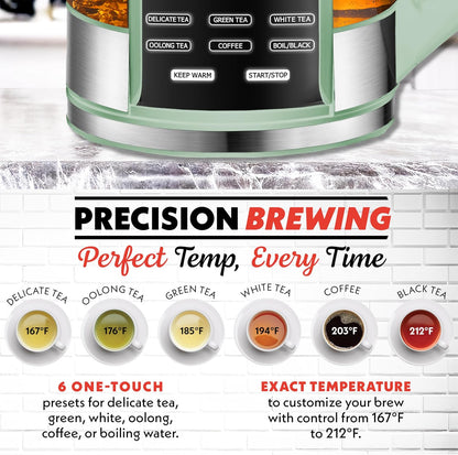 Gourmia Electric Glass Kettle – 1.7L Programmable Tea & Coffee Brewer with Digital Touch Display, 6 Presets, Removable Stainless Steel Infuser, Cordless with 360° Swivel Base, Black