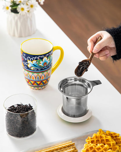 vancasso Ceramic Tea Mug with Infuser and Lid, 18 Ounce Bohemian Loose Leaf Cup, Microwave & Dishwasher Safe, Perfect for Tea, Coffee, Burnt-Cobalt Mandala