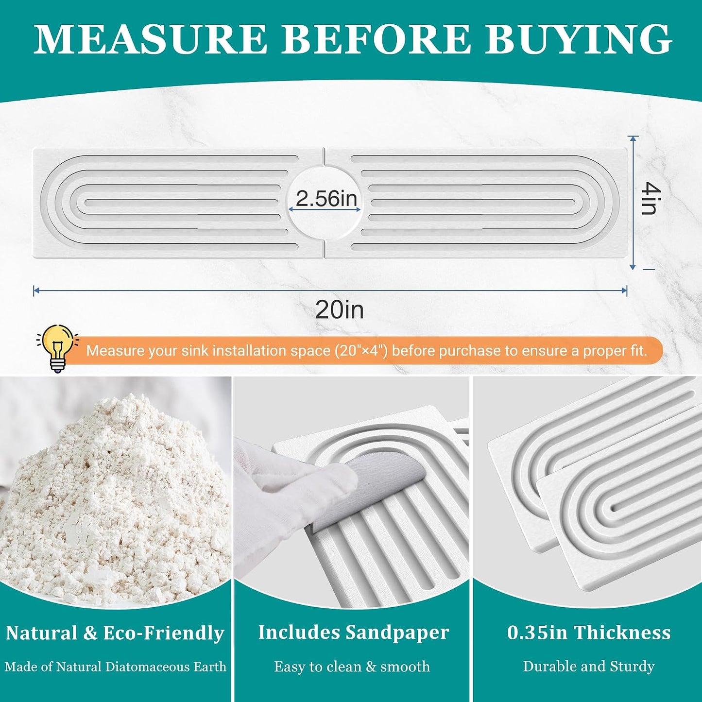 Stone Faucet Mat for Kitchen Sink - Quick Dry Diatomite Sink Splash Guard, Prevents Moisture Buildup & Water Stains, Water Absorbing Stone Tray for Bathroom Countertop (Dark Gray, 23.6" x 4")