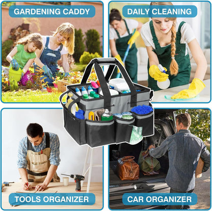 Cleaning Caddy Tote with Removable Dividers - 17.8x12.2x9.3in Waterproof Tool Organizer Bag with Handles & Adjustable Shoulder Strap for Housekeepers, Cleaners & Car Detailing Supplies (Pink)