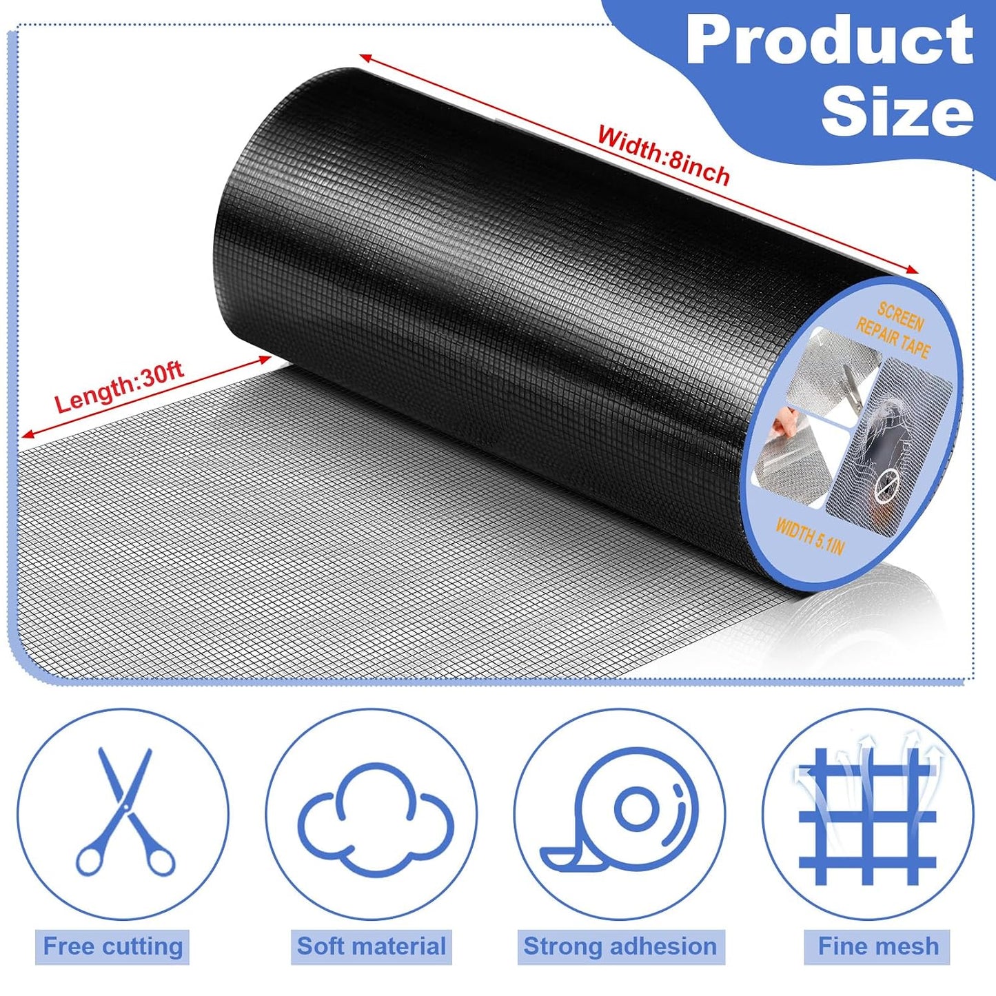 CroBlissful 5 Inch X 20 ft Extra Wide Window Screen Tape Mesh Repair, Gray | Strong Adhesive, Waterproof Fiberglass, Screen Repair Kit Patch, for Window Door Tears Holes