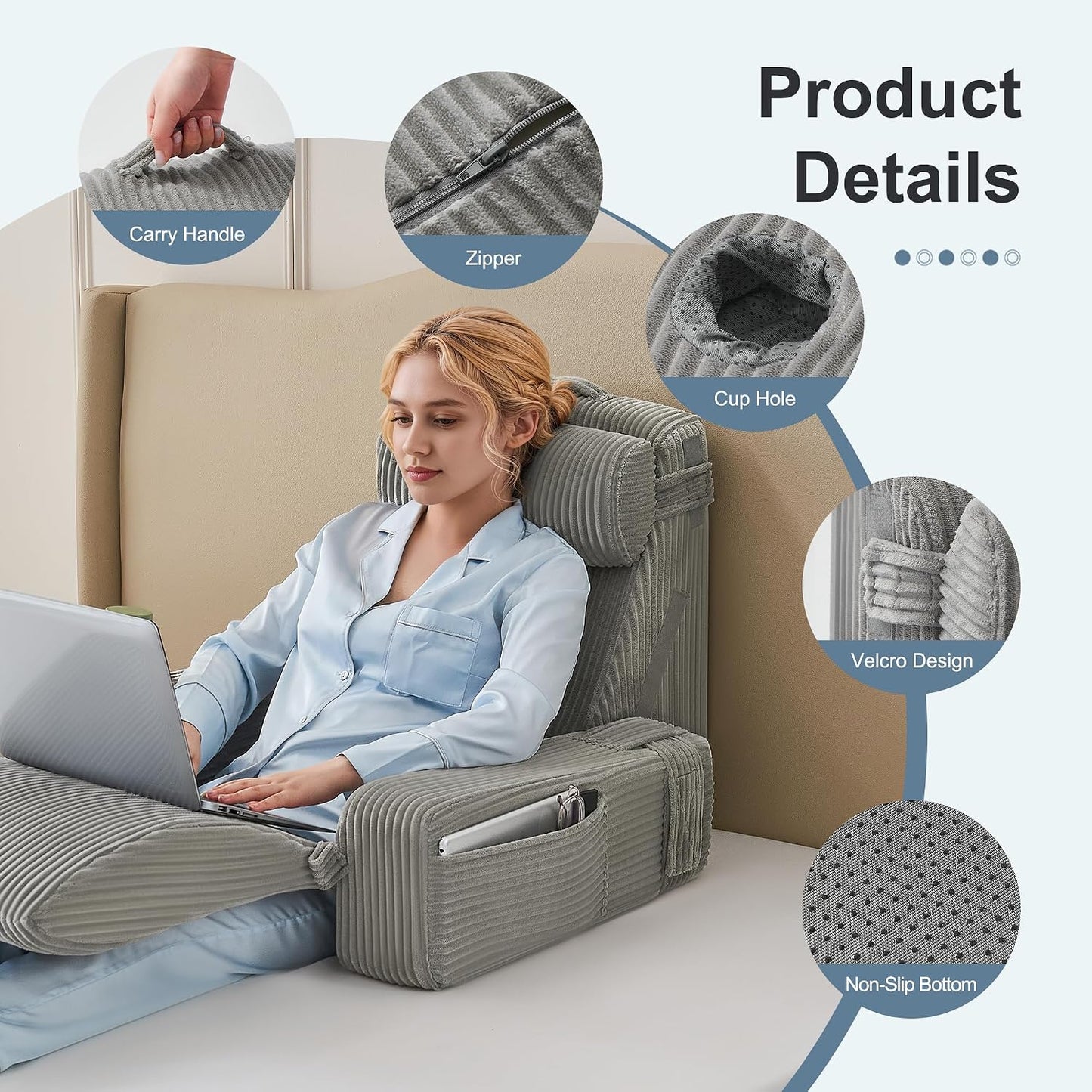 Reading Pillow for Bed with Adjustable Armrests and Side Pockets, Back Pillow for Bed Sitting Up, Sit Up Pillow, and Bed Pillows for Sitting Up, Ideal for Reading, Watching TV and Relaxing, Light Gray