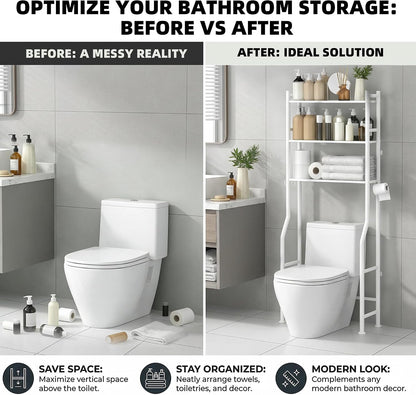 GloTika 3-Tier Over Toilet Storage, Anti-Tilt, 64" H, Black | Anti-Tilt Safety System, 150lb Capacity, Carbon Steel, Freestanding, No Drilling, Anti-Rust Coating, Paper Holder & 4 Hooks