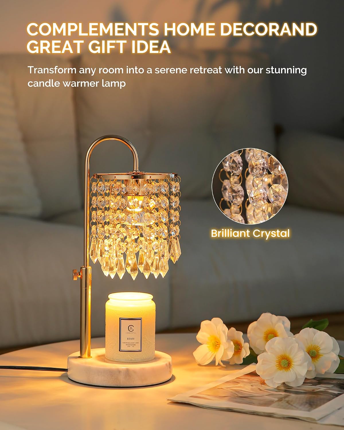 Candle Warmer Lamp with Timer Dimmer and 3 Bulbs, Candle Lamp Warmer with Marble Base for Adjustable Height, Crystal Candle Lamp for Jar Candles, House Warming Gifts Home Room Decor, Silver