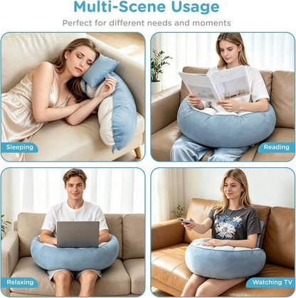 Ergonomic Reading Pillow with Arm & Back Support, U-Shaped | Long Round Lap Pillow, For Side Sleep, Crochet, Game, Work, Siting In Bed & Sofa, Short-pile Fabric, Memory Foam, Dark Grey