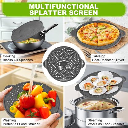 Silicone Splatter Screen for Frying Pan - 11 Inch Heat-Resistant Silicone Grease Splatter Guard, Multi-Use Oil Splash Guard for Kitchen Cooking Pan Cover, Dishwasher Safe