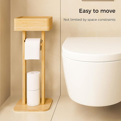 4-in-1 Black Toilet Paper Holder Stand with Storage Shelf Box, 360° Rotating Bamboo Free Standing Toilet Tissue Roll, Toilet Wipes Dispenser Organizer, Temporary Desktop for Bathroom (Patent) | 360° Rotating Bamboo Free Standing Toilet Tissue Roll,