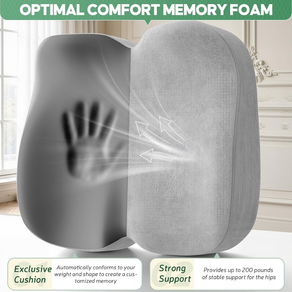 Benazcap Seat Cushion - Memory Foam Car Seat Pad - Sciatica & Lower Back Pain Relief - Car Seat Cushions for Driving - Road Trip Essentials for Drivers, Green