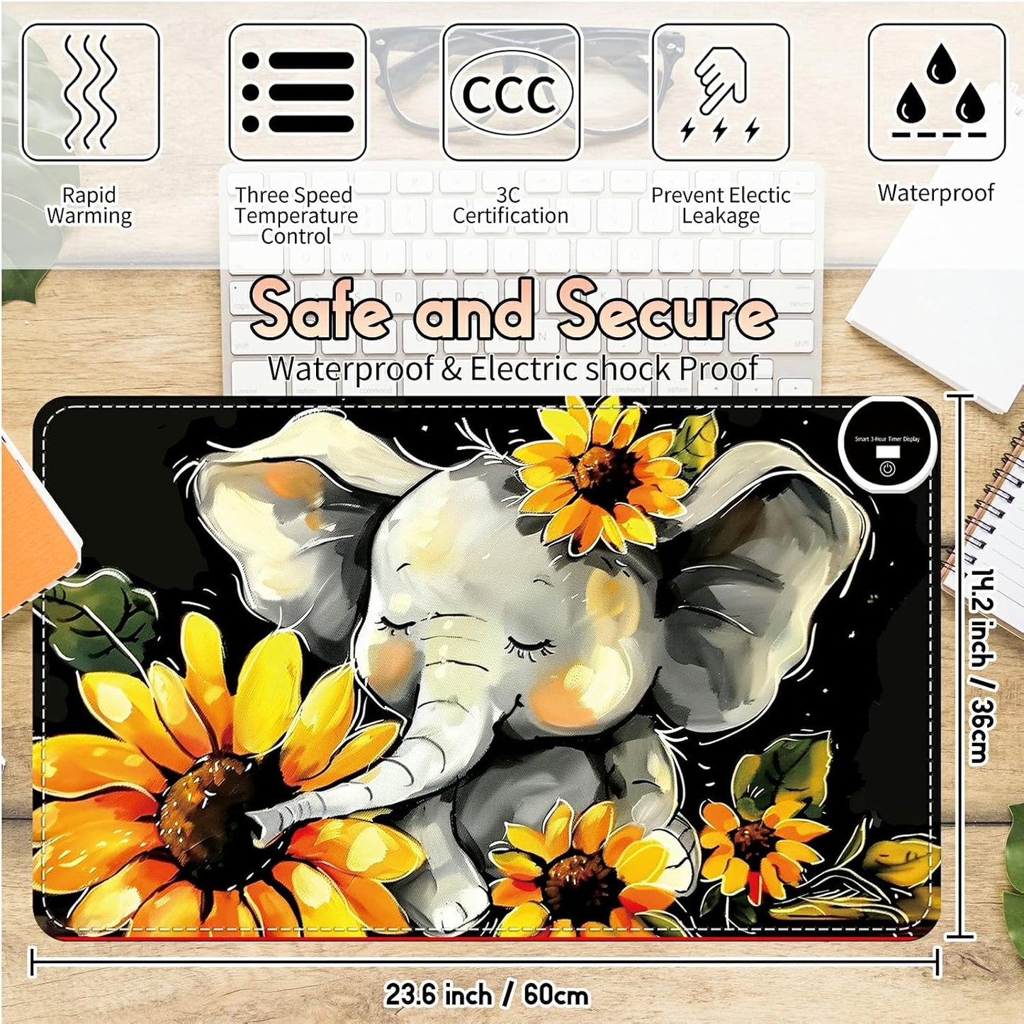 Heated Desk Pad Heated Large Mouse Pad, Electric Quickly Warm Desk Mat with 3 Levels Heating 3 Hours Auto Shut-Off, 31.5" x 13" Warm Gaming Mousepad Hand Foot Warmer, Baby Elephant