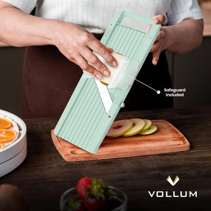 Vollum Mandoline Slicer Vegetable Cutter Stainless Steel Blades | Narrow handheld manual food slicer with interchangeable blades for precise, professional-style kitchen prep.