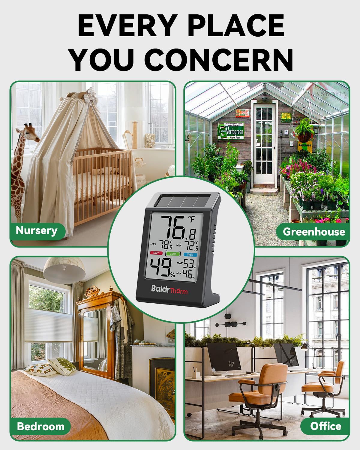 BALDR Solar Indoor Thermometer Hygrometer, Max/Min, Comfort Meter (White) | Solar & Battery Dual Power |No Setup or App Required |Clear Comfort Level Indicator |Flexible Desk or Wall Placement