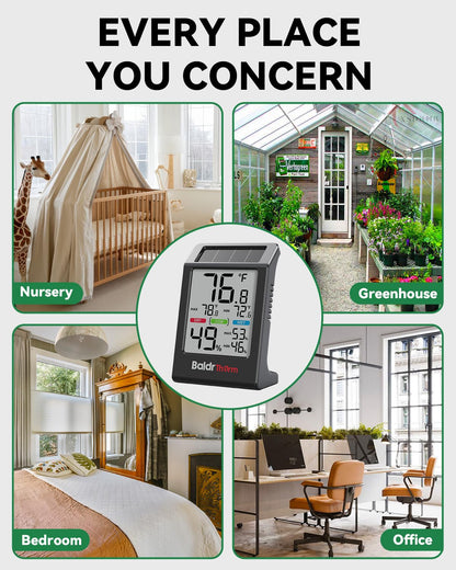 BALDR Solar Indoor Thermometer Hygrometer, Max/Min, Comfort Meter (White) | Solar & Battery Dual Power |No Setup or App Required |Clear Comfort Level Indicator |Flexible Desk or Wall Placement