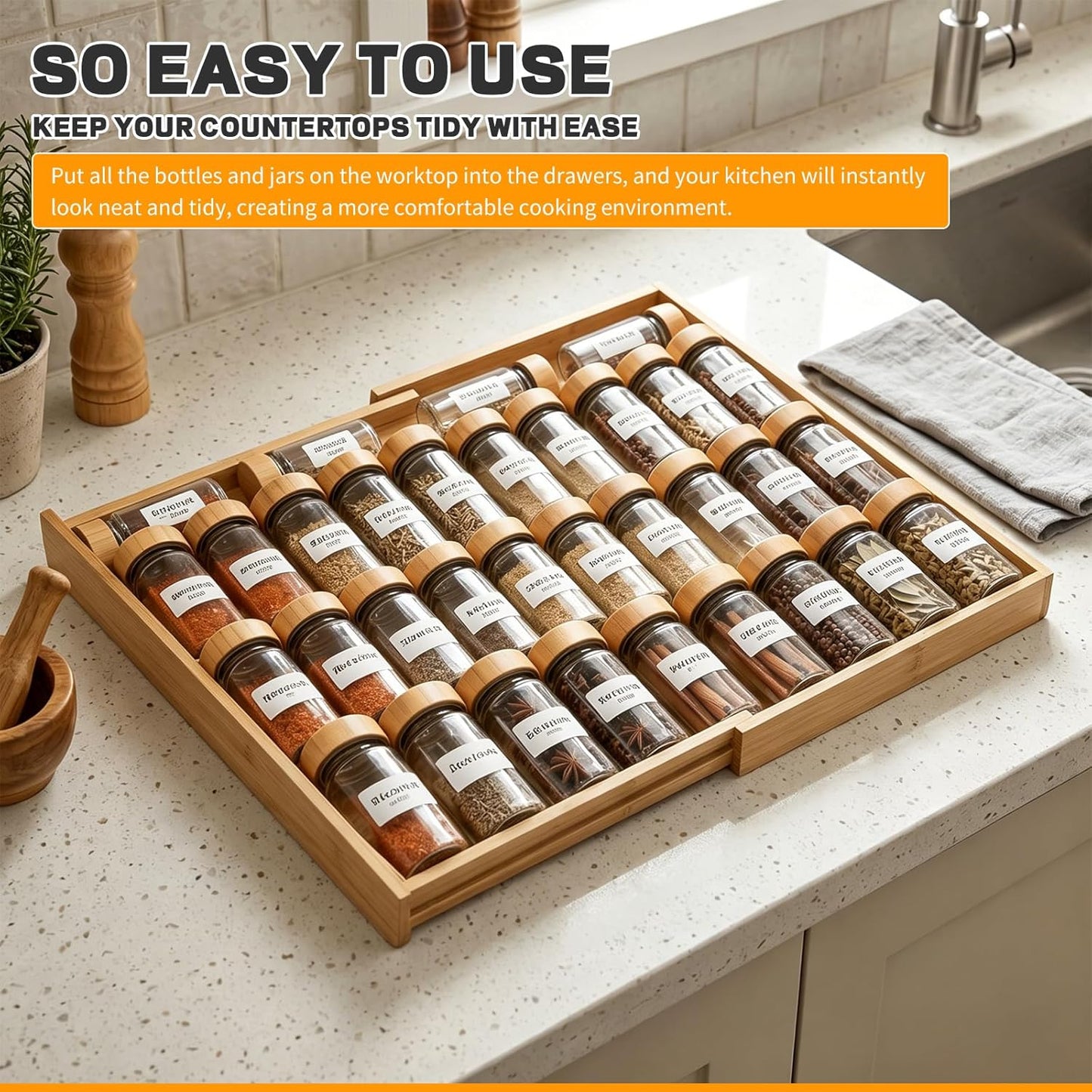 Bamboo Spice Drawer Organizer Expandable(Fits 2.6" Deep or Deeper Drawers), 4-Tier Spice Rack Drawer Insert for Kitchen Cabinets(12" - 22" Width),Adjustable Seasoning Storage Insert(Jars Not Included)