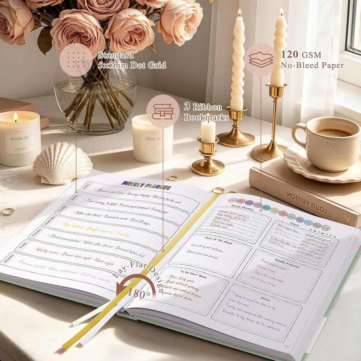 Everloria Premade Dotted Journal Notebook, 12 Months Pre-made Bullet Templates, 260 Hand-Drawn Coloring Pages, Undated Weekly & Monthly Planner, 7.8"x9.3" Linen Dot Grid Habit Mood Tracker, Lilac